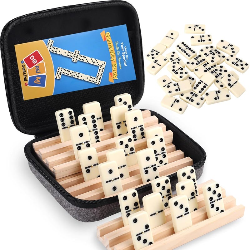 Doreimi Store Double 6 Dominos Set for Adults with 4 Wooden Racks & 28 Tiles Travel Dominoes Set Classic Board Game for Family Game Night - Image 1